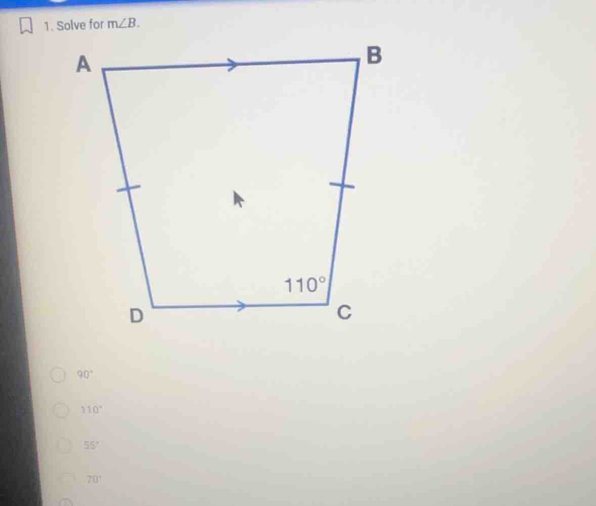 1. solve for ( mangle b ). options: ( 90^circ ), ( 110^circ ), ( 55^cir…