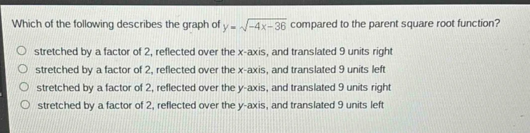 which of the following describes the graph of $y = \\sqrt{-4x - 36}$ co…