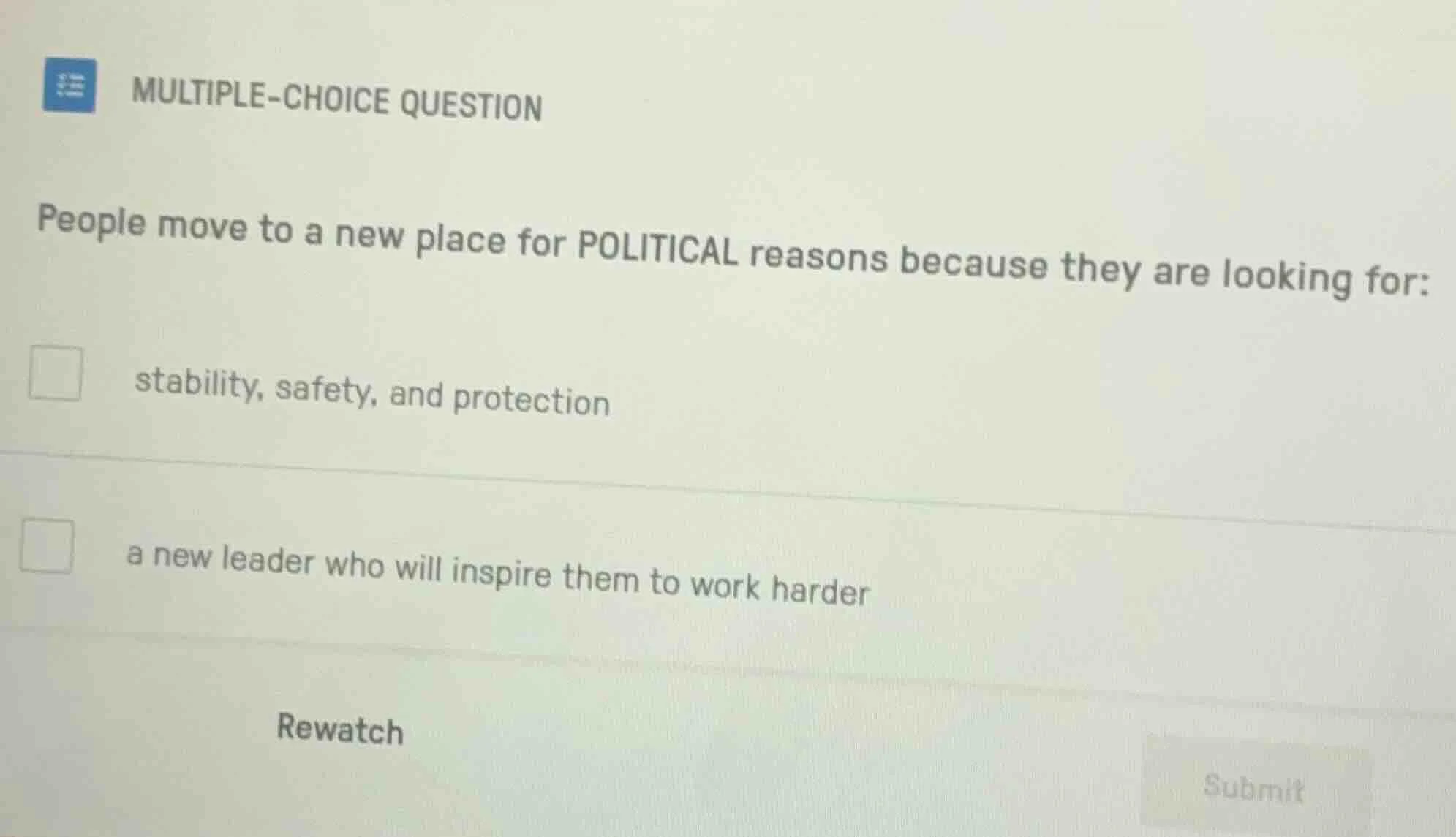 multiple-choice question people move to a new place for political reaso…