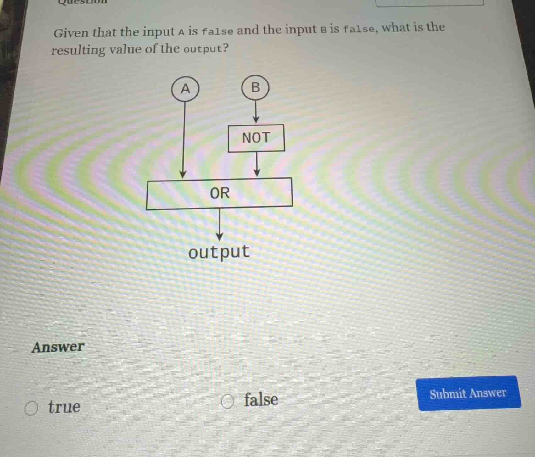 given that the input a is false and the input b is false, what is the r…