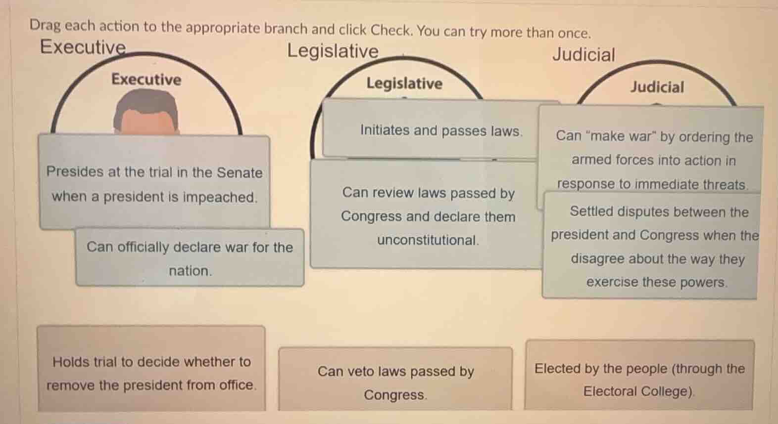 drag each action to the appropriate branch and click check. you can try…