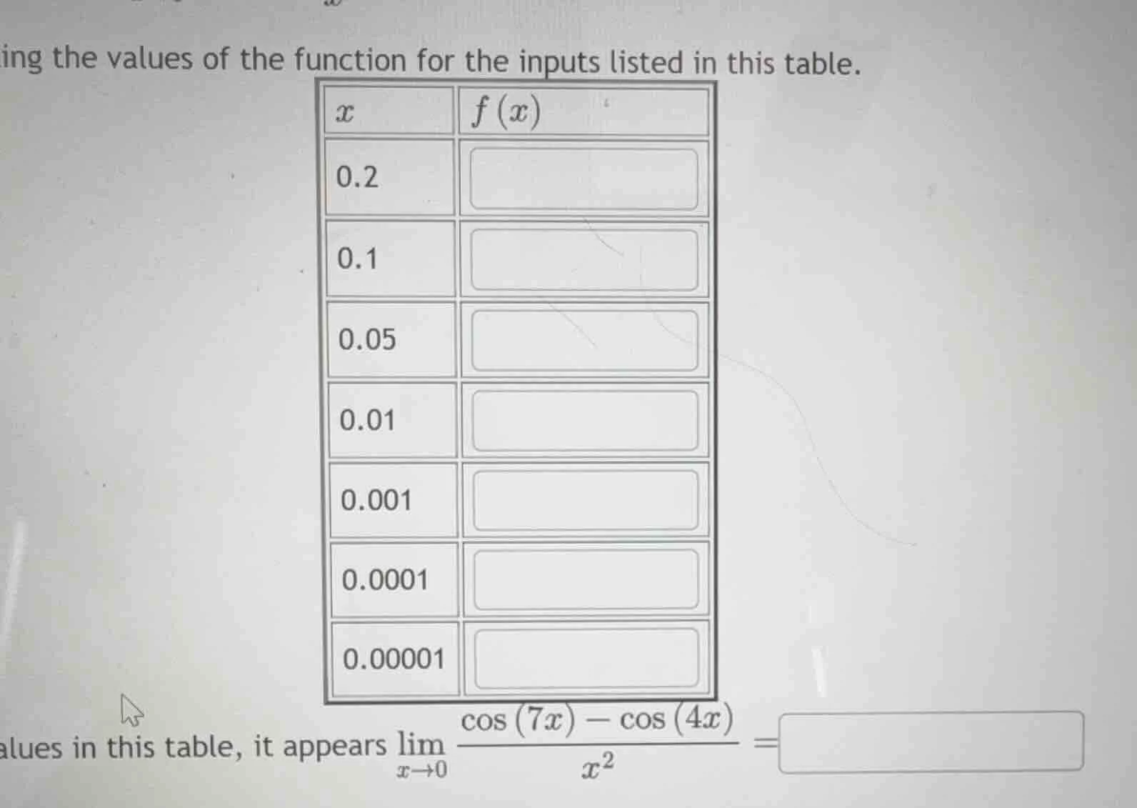 ing the values of the function for the inputs listed in this table. x |…