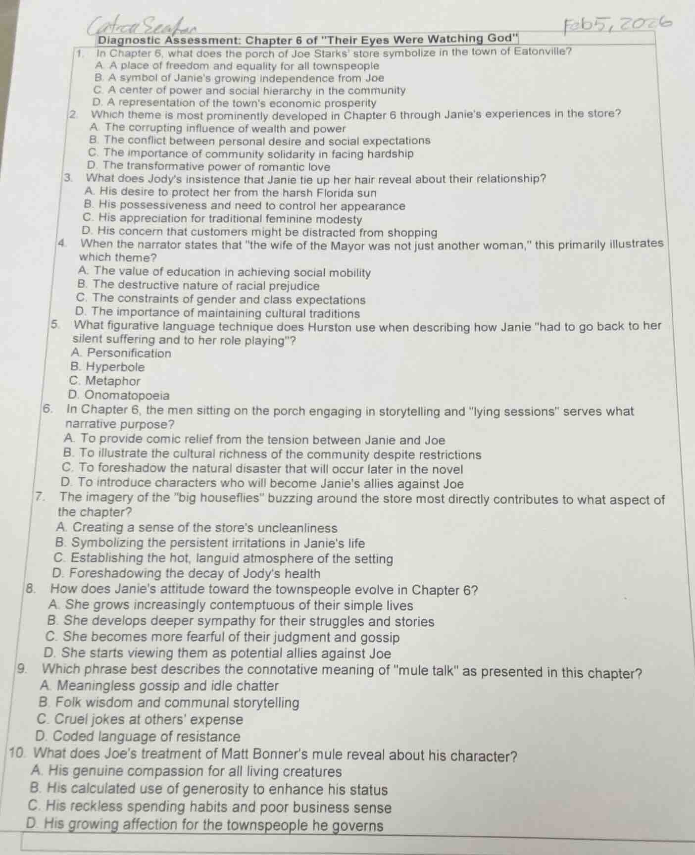 diagnostic assessment: chapter 6 of \their eyes were watching god\ 1. i…