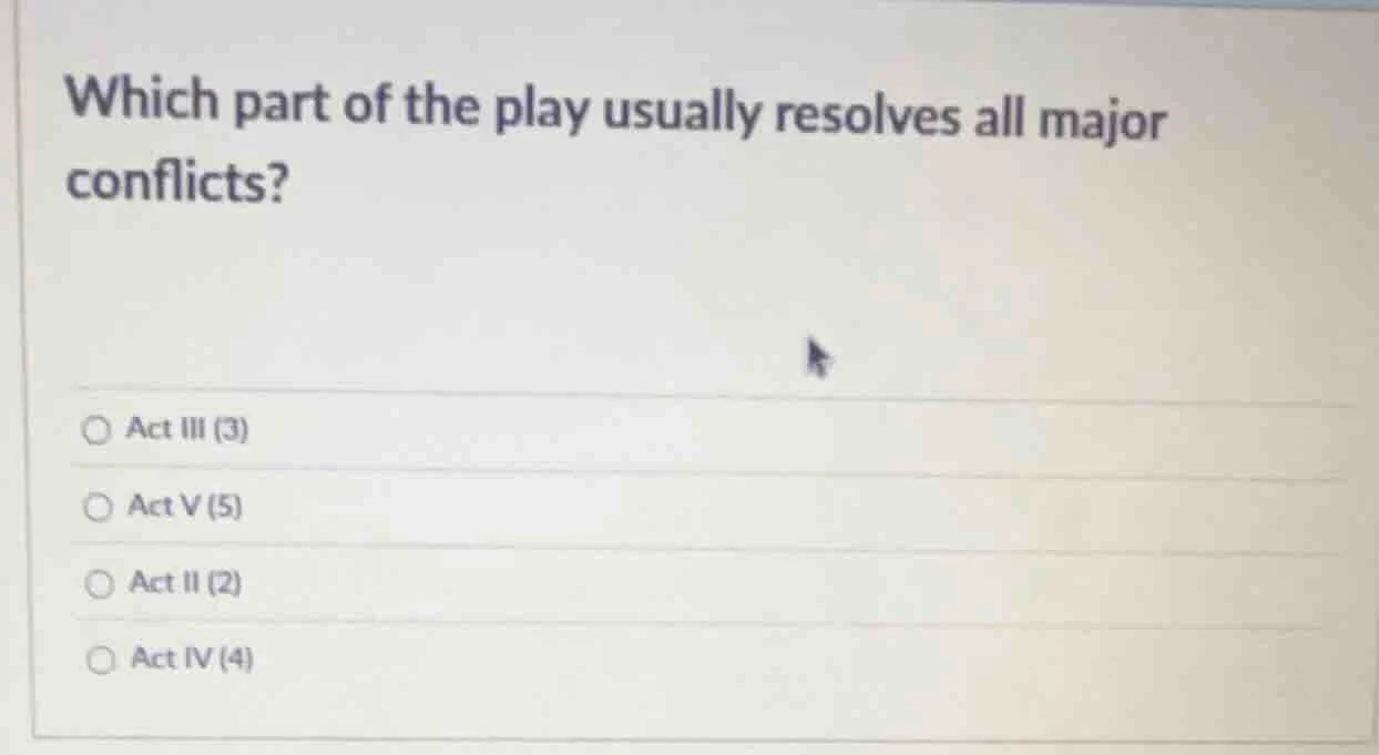 which part of the play usually resolves all major conflicts? act iii (3…