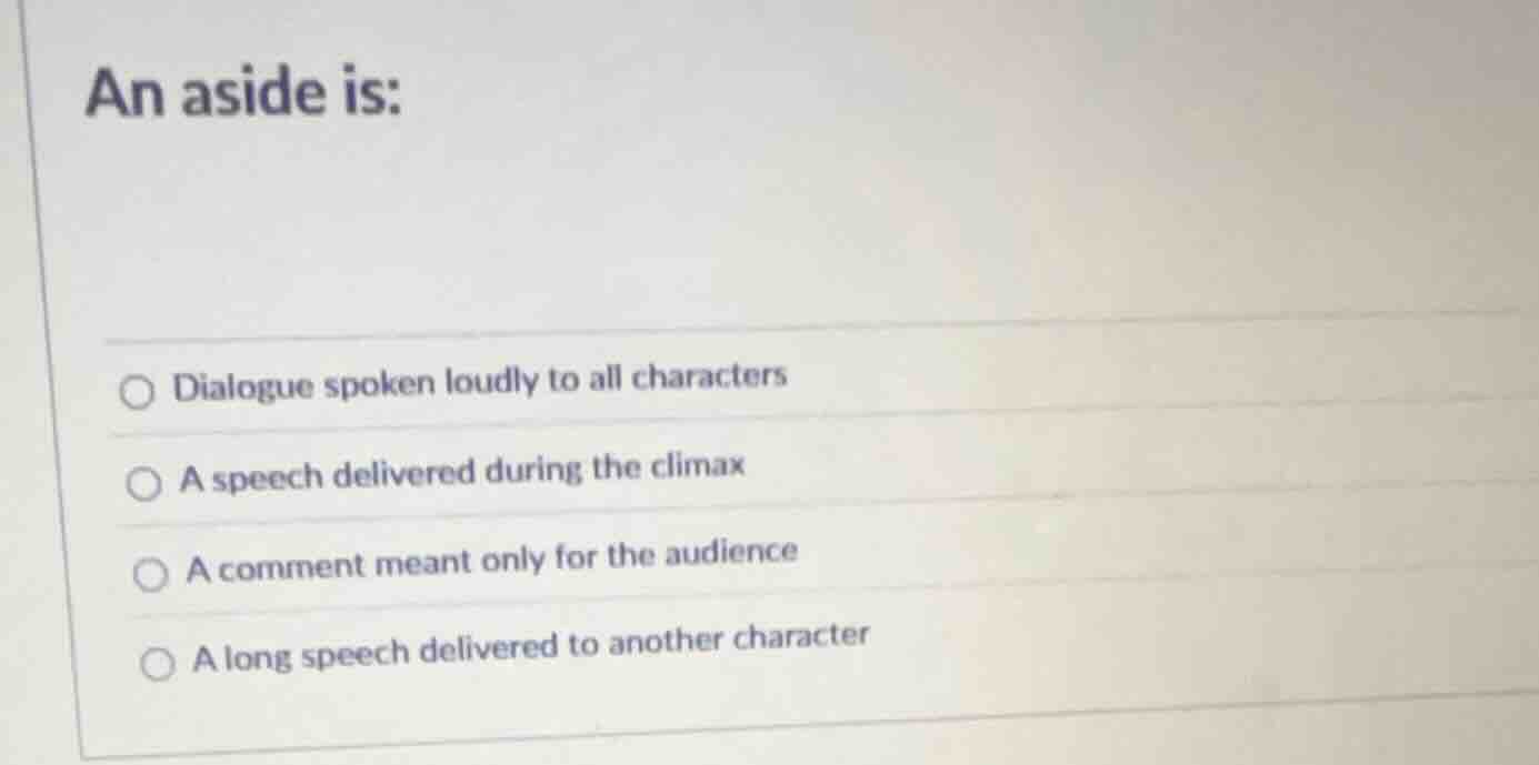 an aside is: dialogue spoken loudly to all characters a speech delivere…