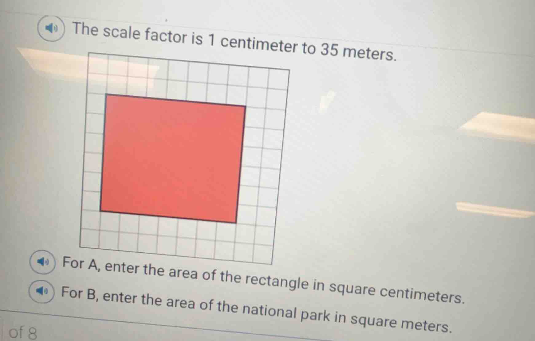 the scale factor is 1 centimeter to 35 meters. for a, enter the area of…