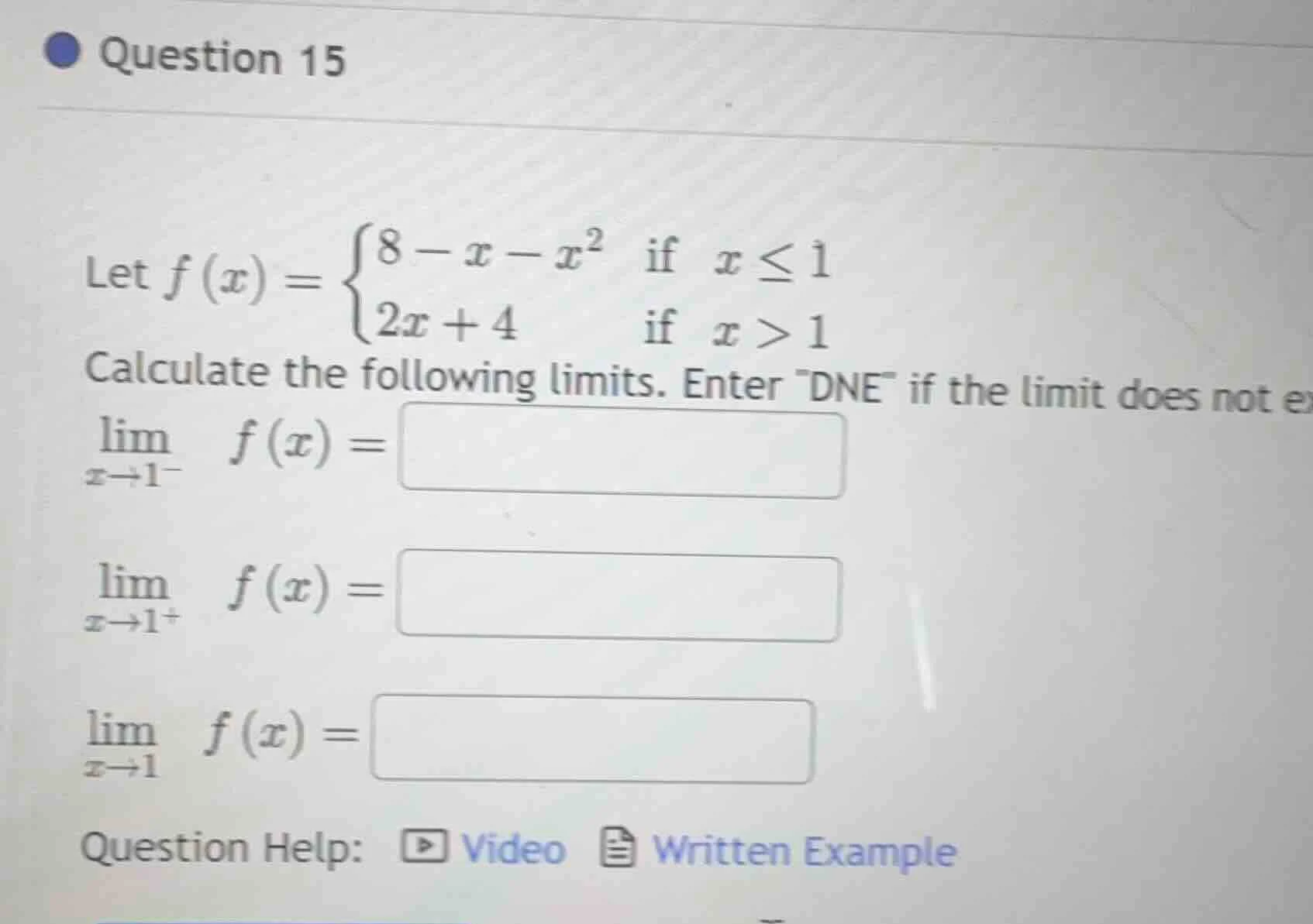 question 15 let $f(x)=\\begin{cases}8 - x - x^{2}&\\text{if }x\\leq1\\\…