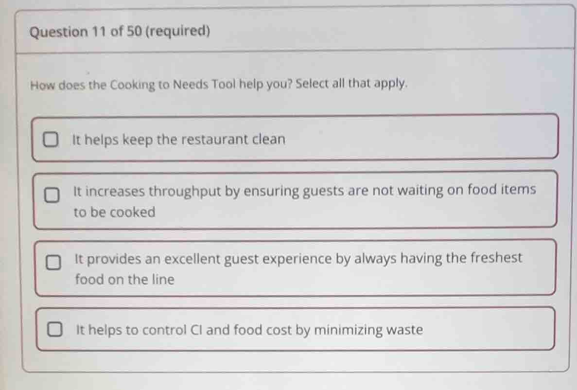 question 11 of 50 (required) how does the cooking to needs tool help yo…