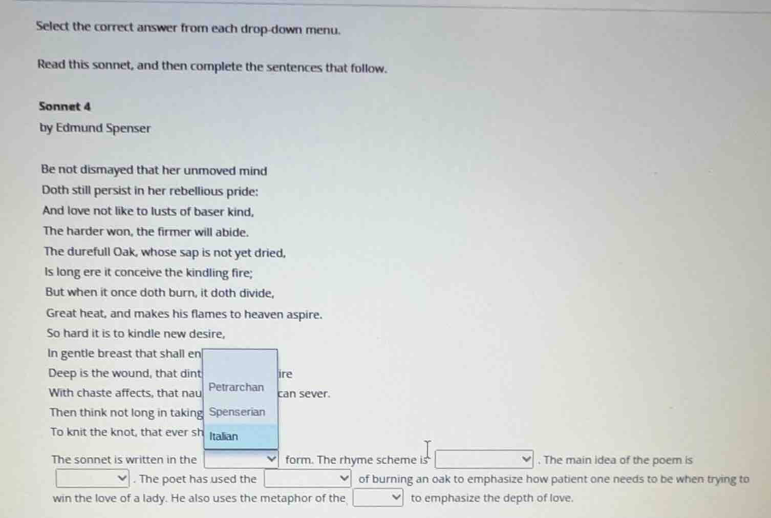 select the correct answer from each drop - down menu. read this sonnet,…
