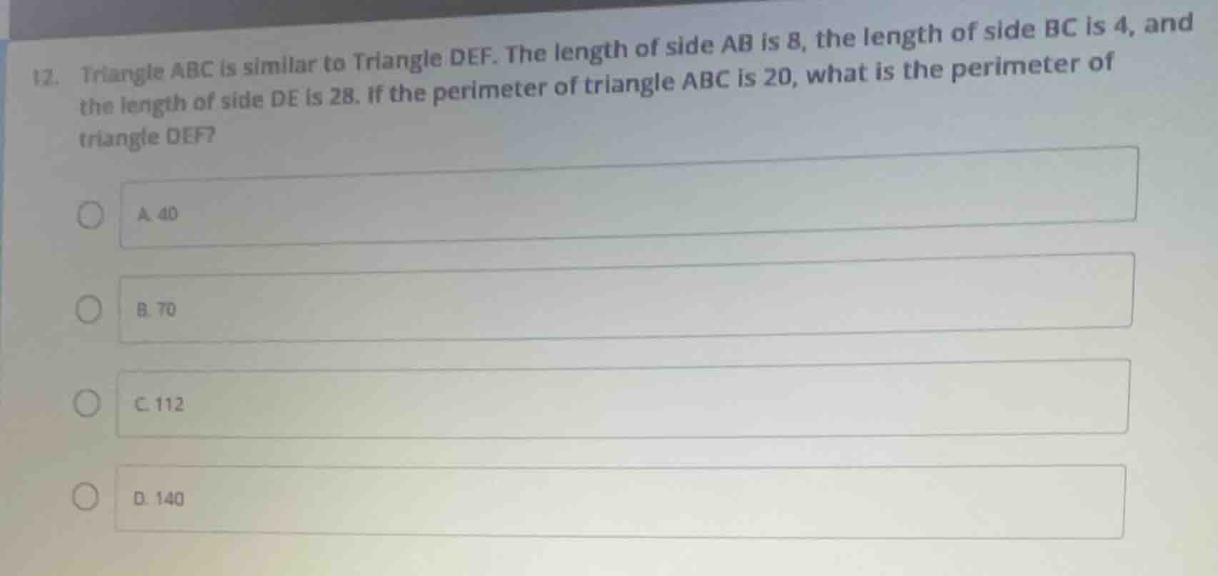 12. triangle abc is similar to triangle def. the length of side ab is 8…