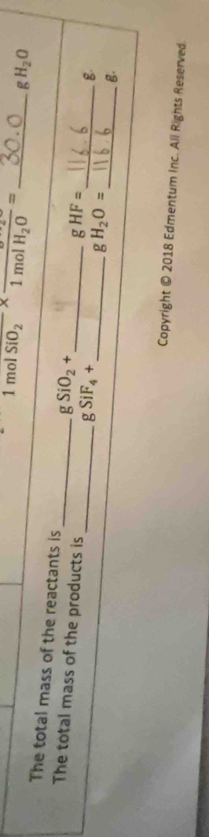 1 mol sio₂ \\times \\frac{1 mol h₂o}{1 mol sio₂} = 30.0 g h₂o the total…