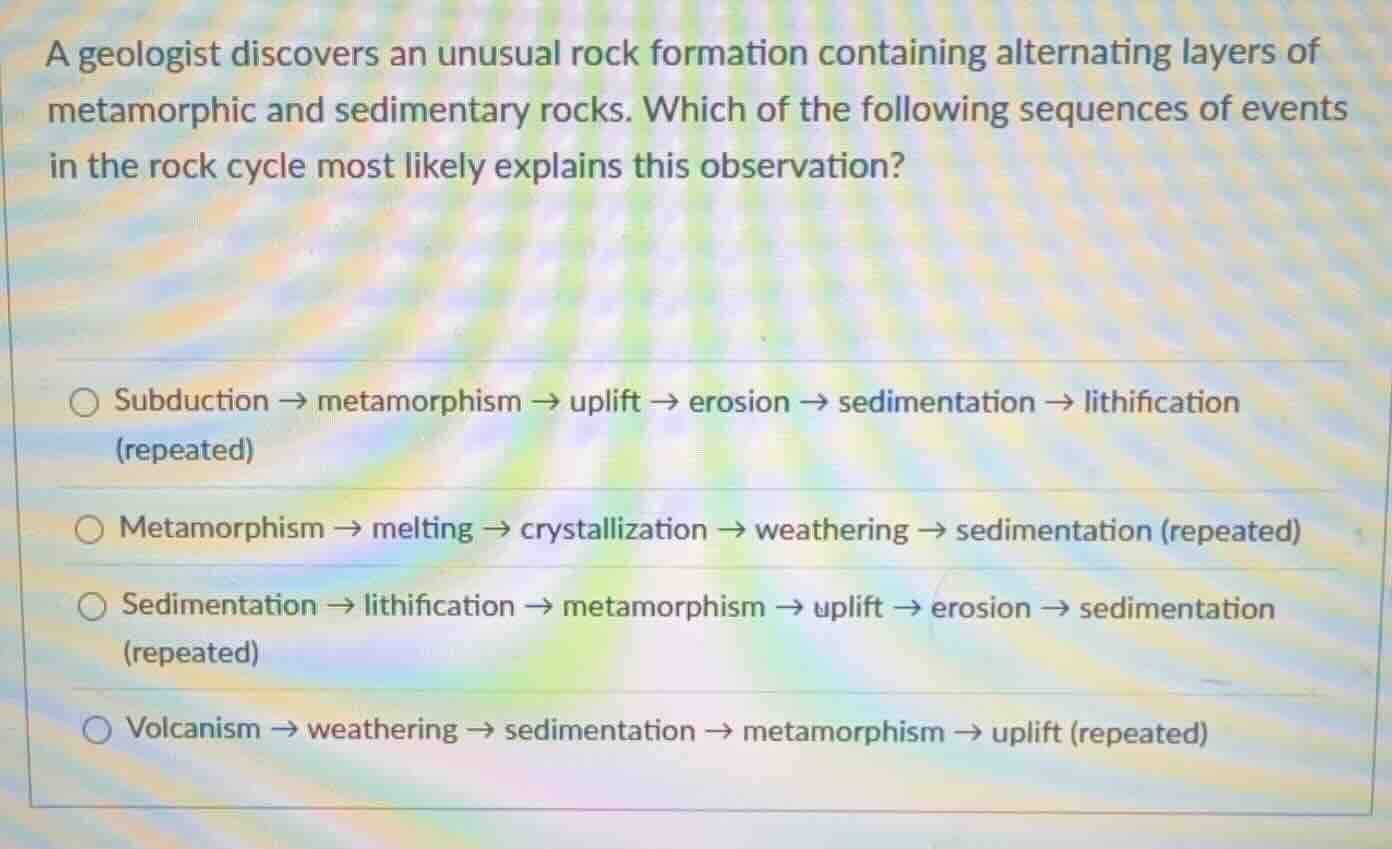 a geologist discovers an unusual rock formation containing alternating …