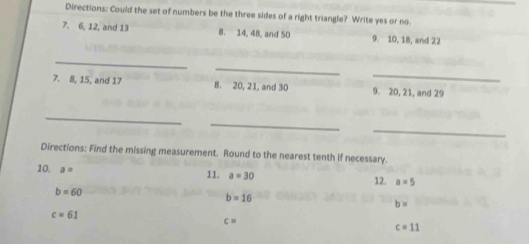 directions: could the set of numbers be the three sides of a right tria…