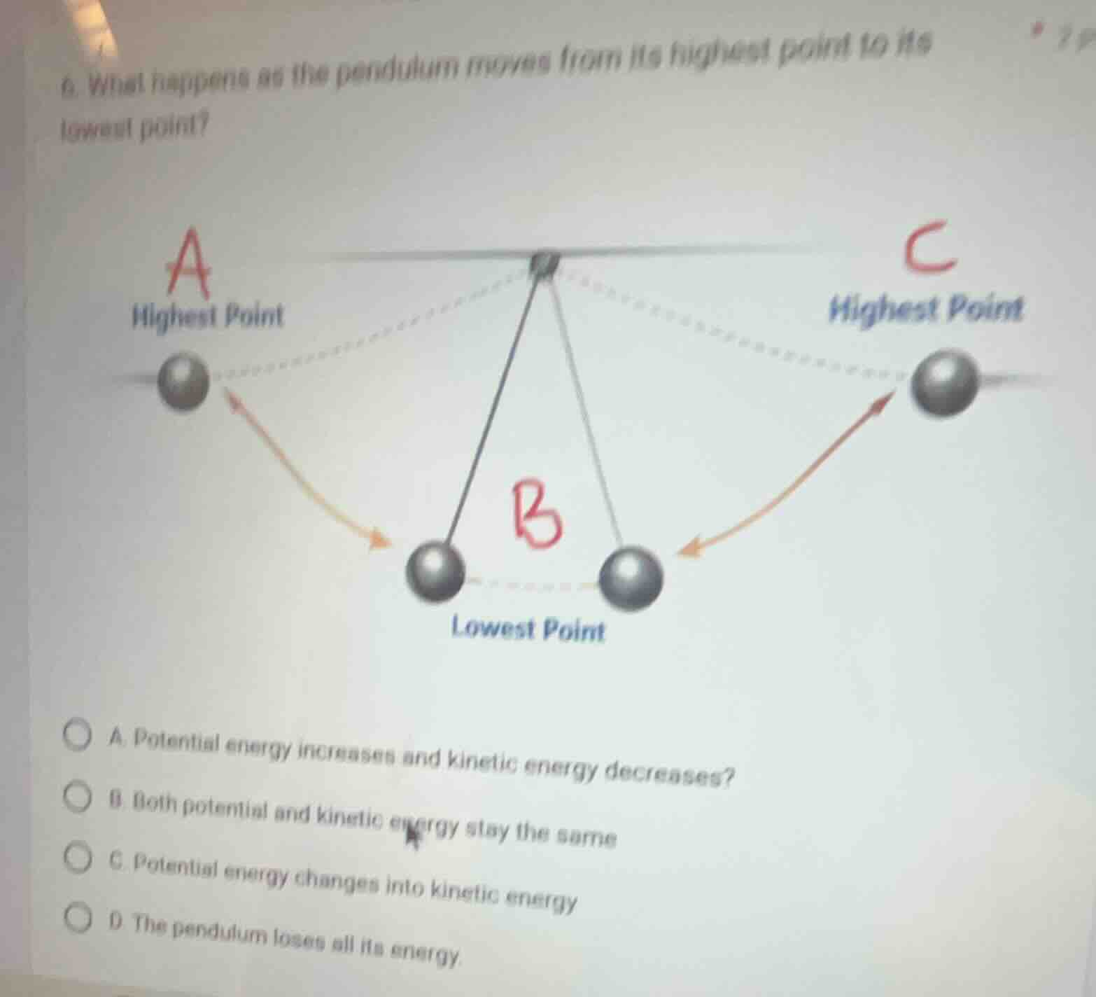 6. what happens as the pendulum moves from its highest point to its low…