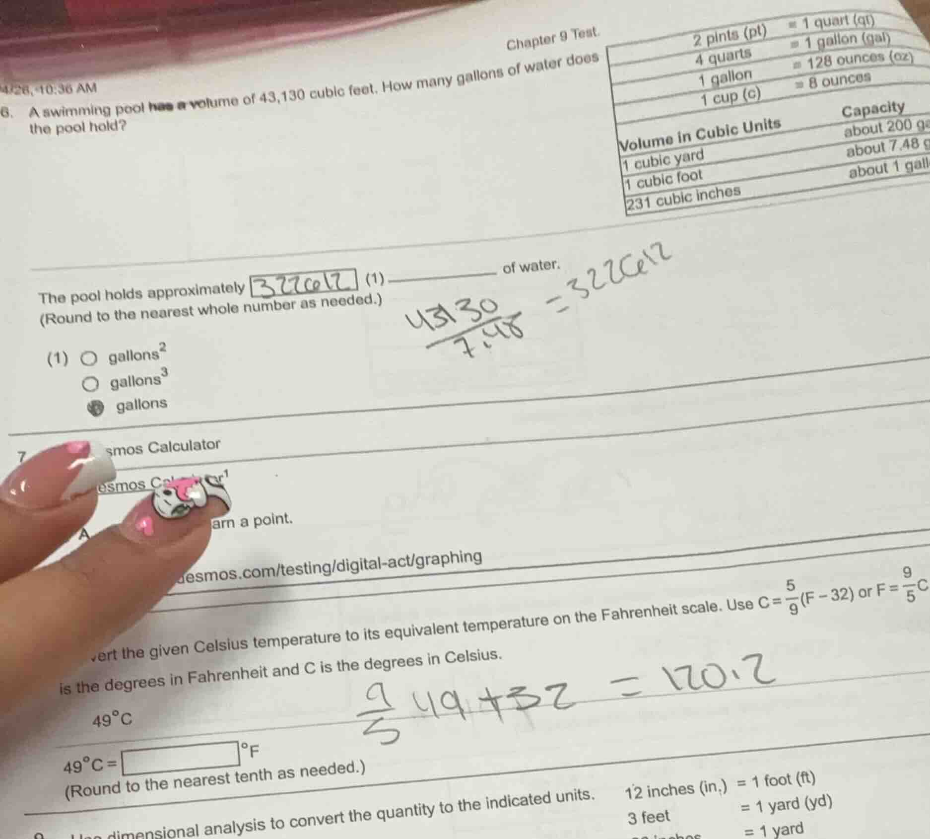 chapter 9 test 6. a swimming pool has a volume of 43,130 cubic feet. ho…