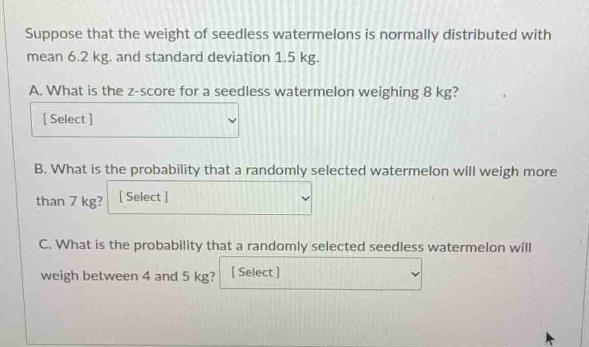 suppose that the weight of seedless watermelons is normally distributed…