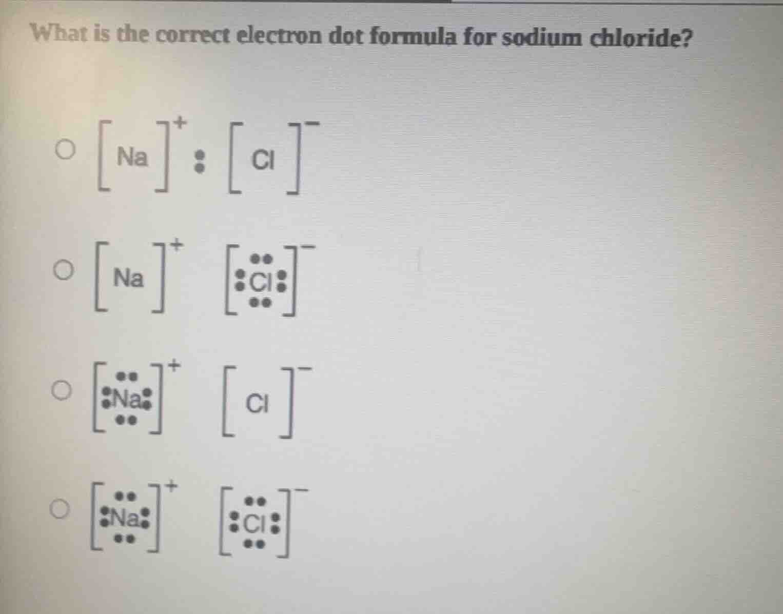 what is the correct electron dot formula for sodium chloride?\ \ \\(\\b…