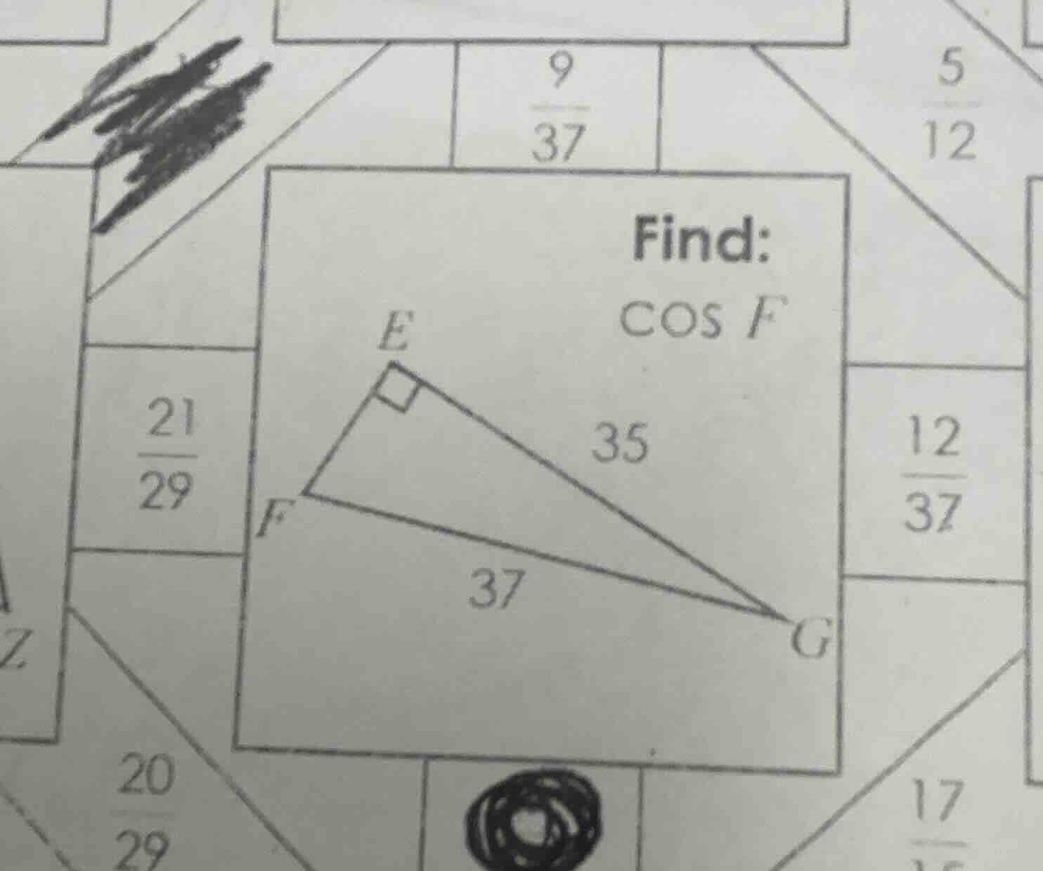 find: \\(\\cos f\\) (and there is a right triangle (efg) with right ang…