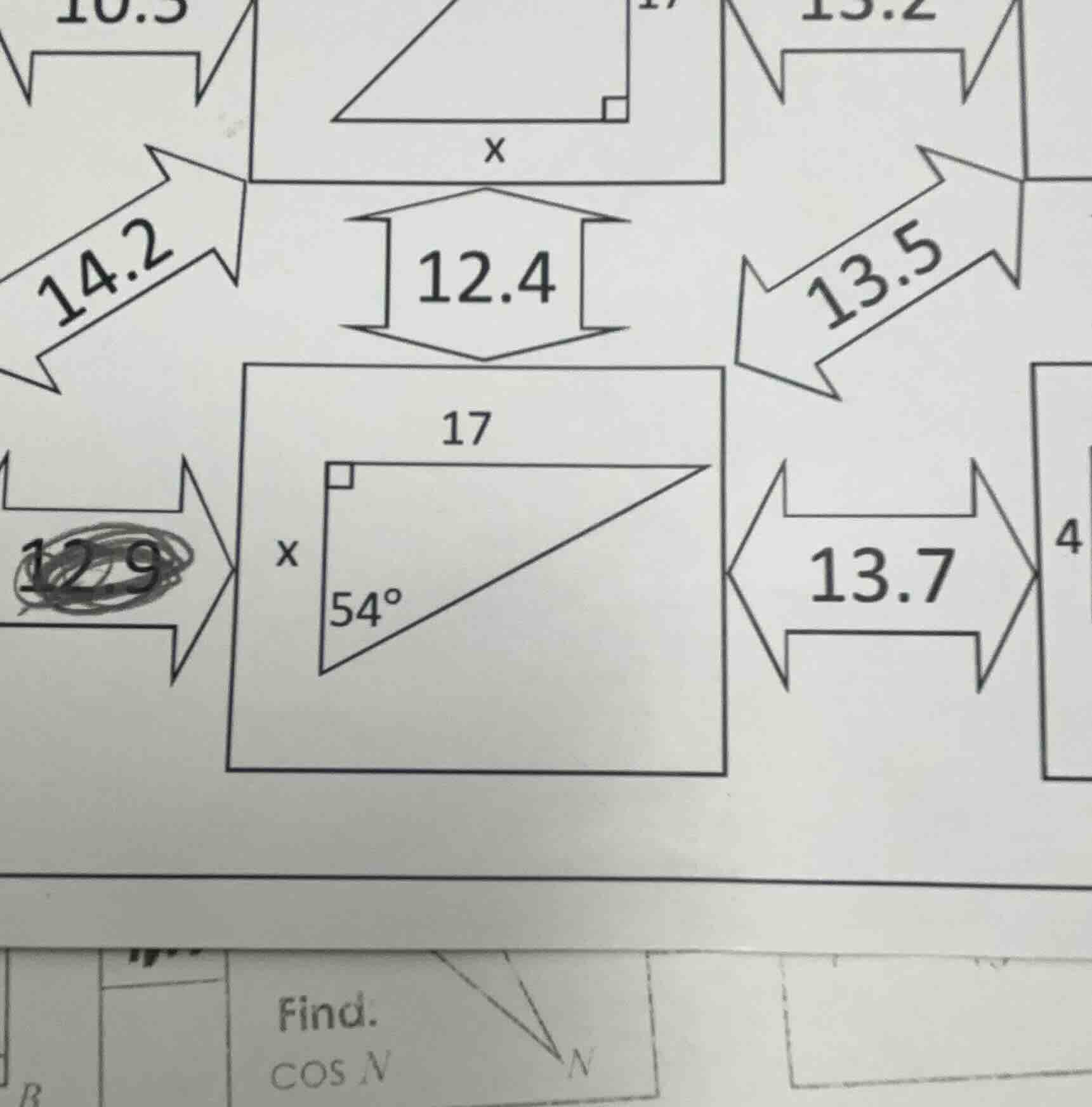 10.3, 13.2, 14.2, 13.5, 12.4, 17, 12.9 (crossed out), x, 54°, 13.7, 4; …