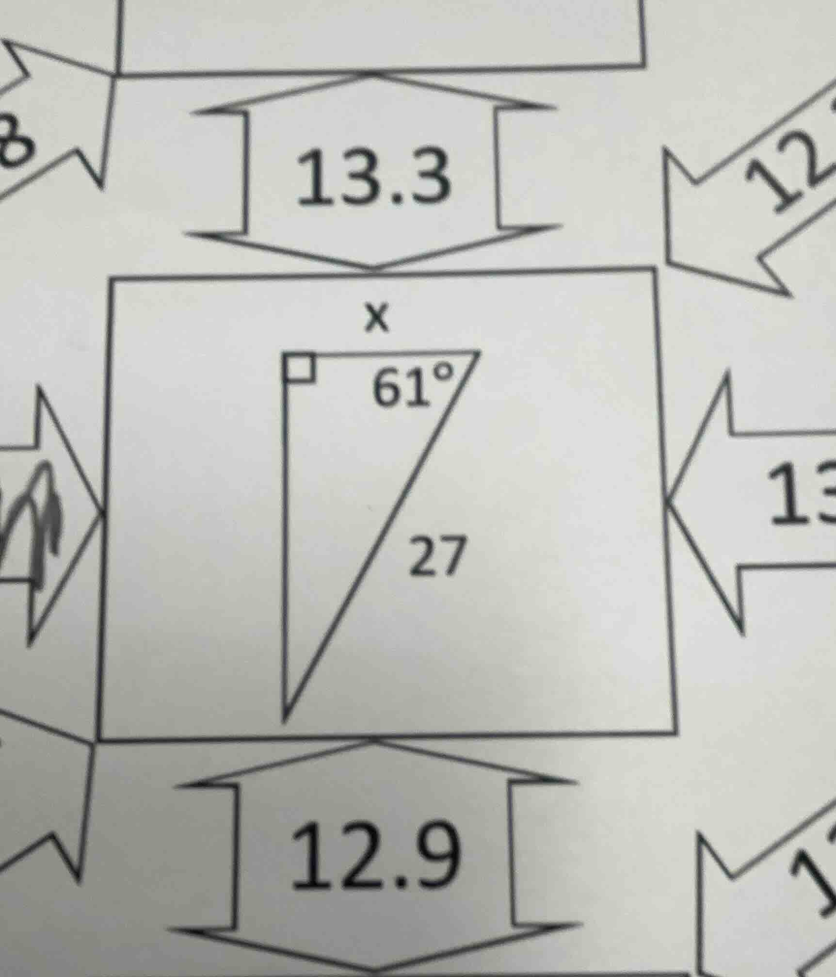 in a right triangle, one angle is 61°, the hypotenuse is 27, find the l…