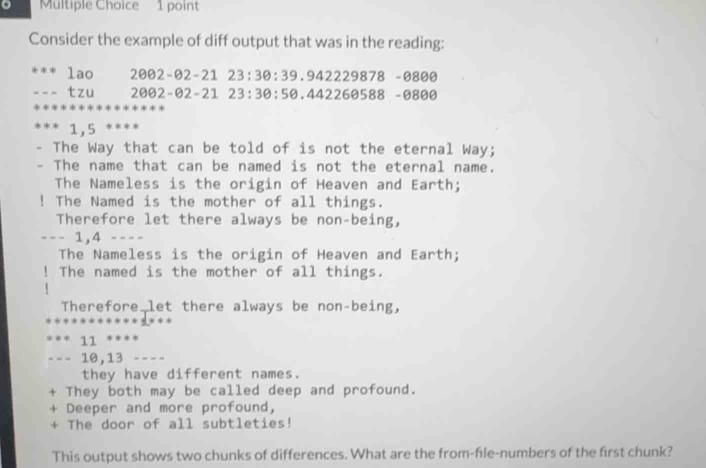 multiple choice 1 point consider the example of diff output that was in…