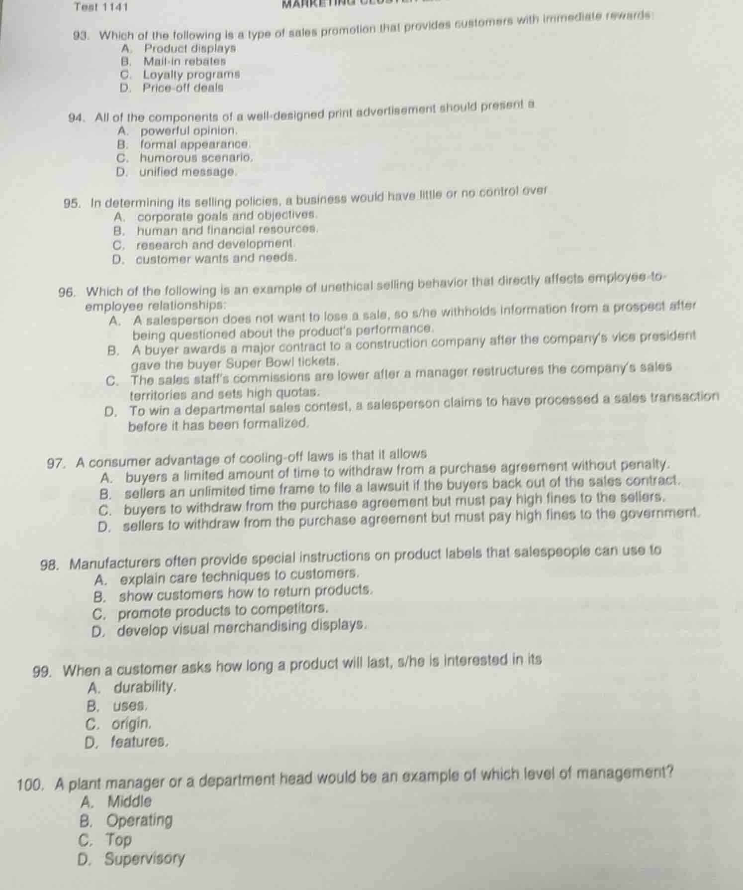 test 1141 marketing 93. which of the following is a type of sales promo…