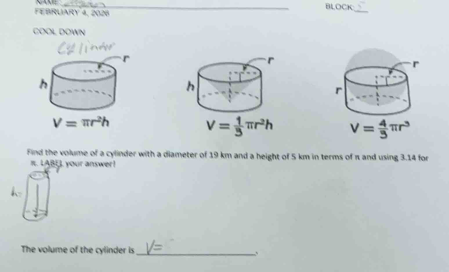 february 4, 2026 block cool down cylinder v = πr²h v = (1/3)πr²h v = (4…