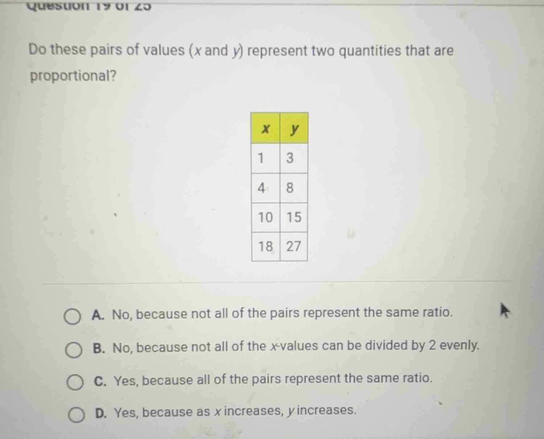 do these pairs of values (x and y) represent two quantities that are pr…
