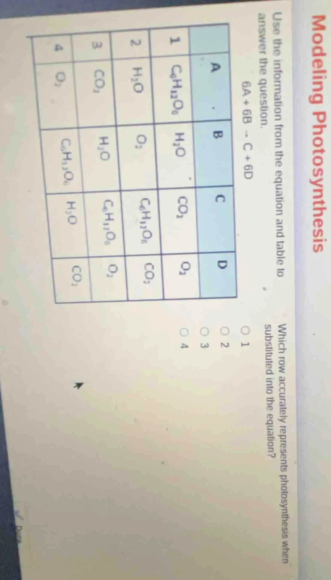 modeling photosynthesis use the information from the equation and table…