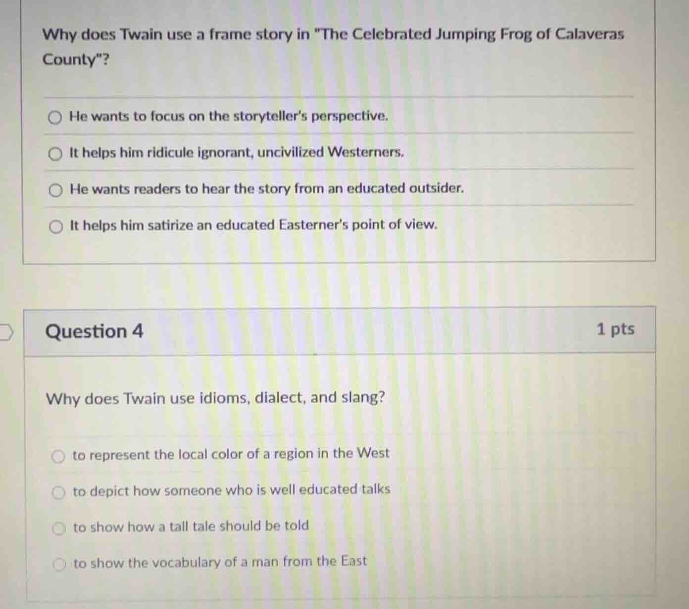 why does twain use a frame story in \the celebrated jumping frog of cal…
