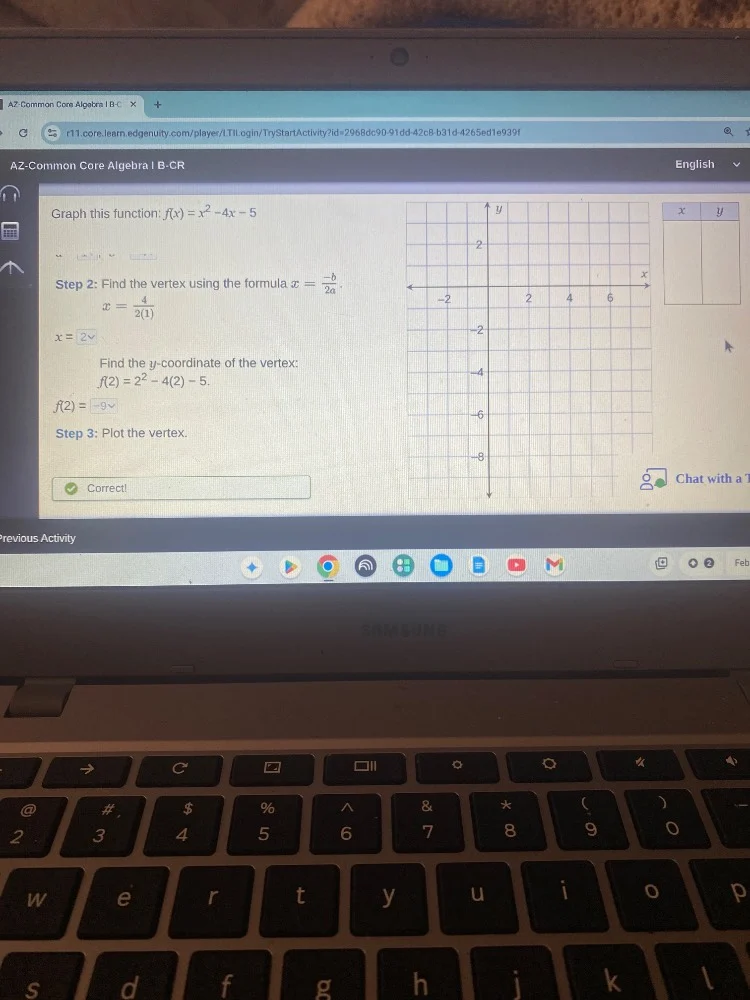 graph this function: $f(x) = x^2 - 4x - 5$ step 2: find the vertex usin…
