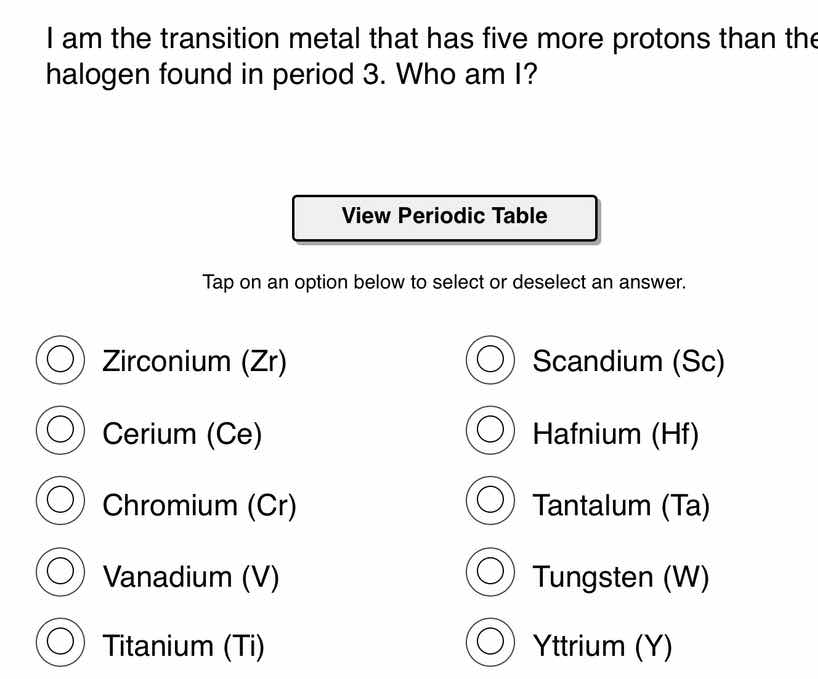 i am the transition metal that has five more protons than the halogen f…