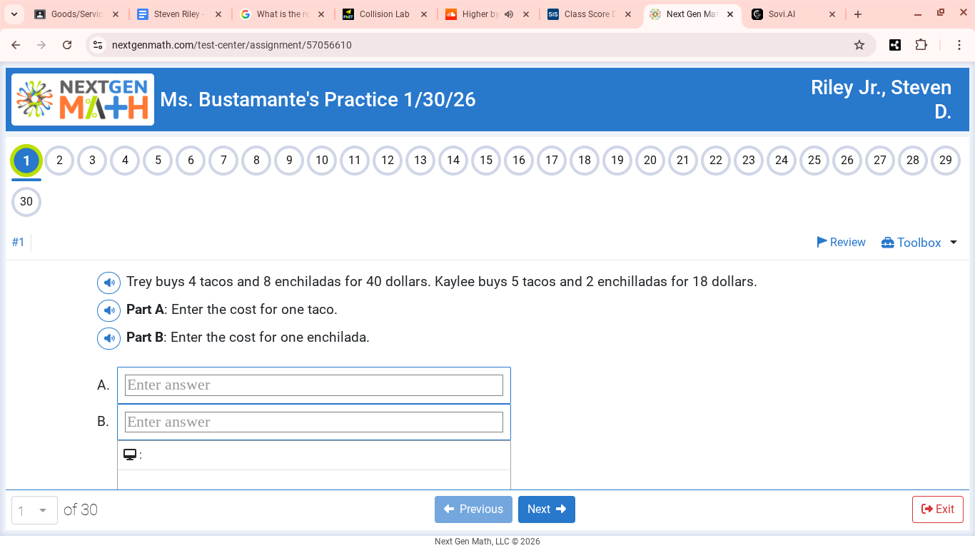 trey buys 4 tacos and 8 enchiladas for 40 dollars. kaylee buys 5 tacos …