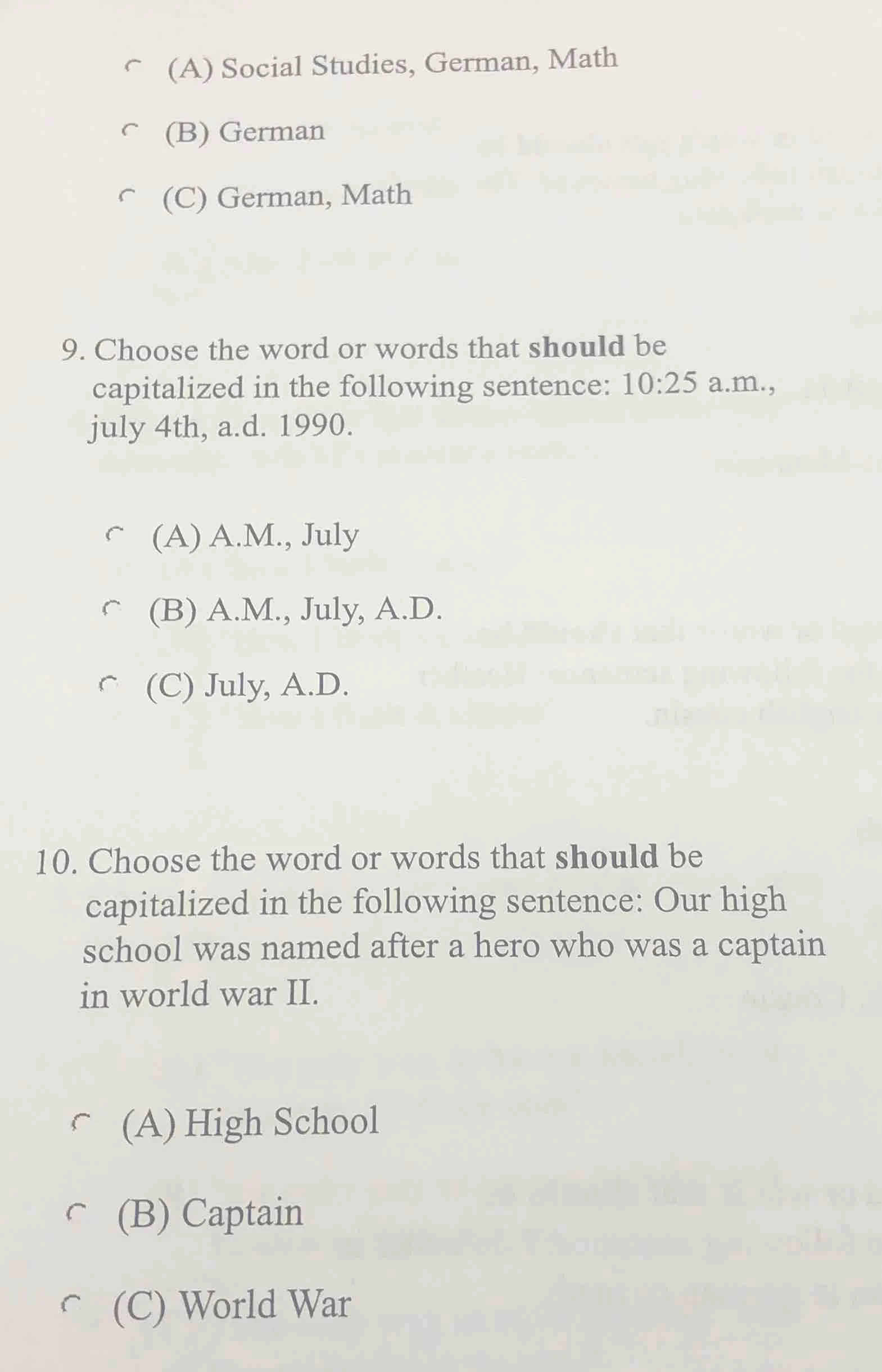(a) social studies, german, math (b) german (c) german, math 9. choose …
