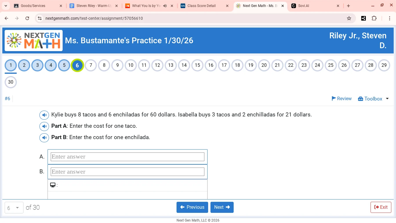 kylie buys 8 tacos and 6 enchiladas for 60 dollars. isabella buys 3 tac…