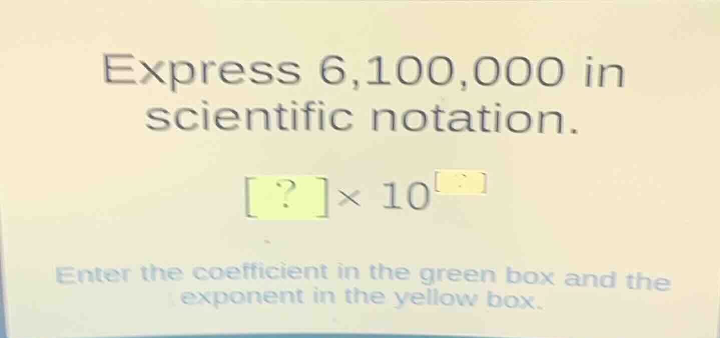 express 6,100,000 in scientific notation. ?×10^? enter the coefficient …