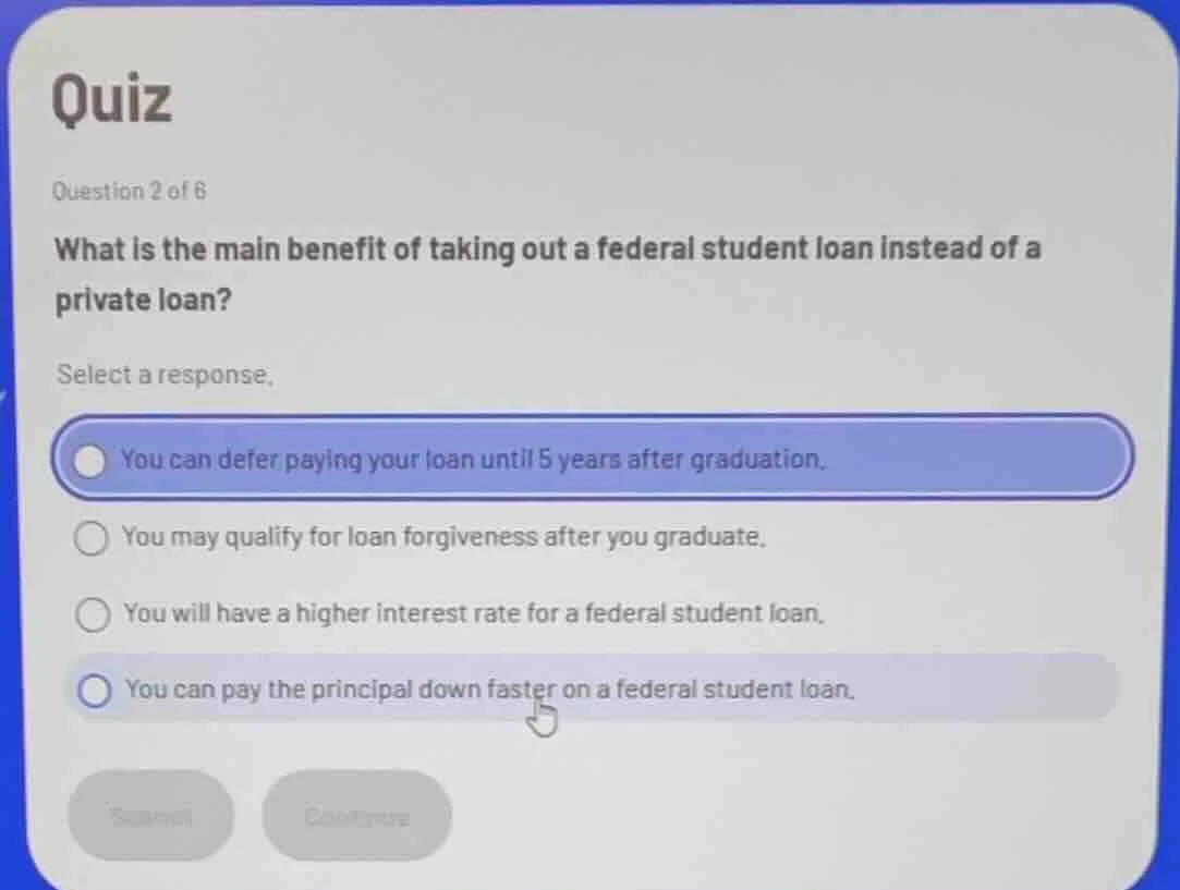 quiz question 2 of 6 what is the main benefit of taking out a federal s…