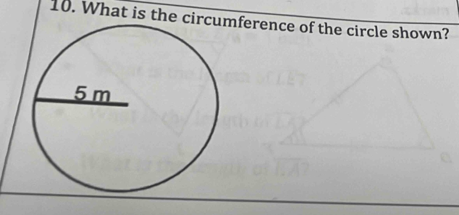 10. what is the circumference of the circle shown? 5 m