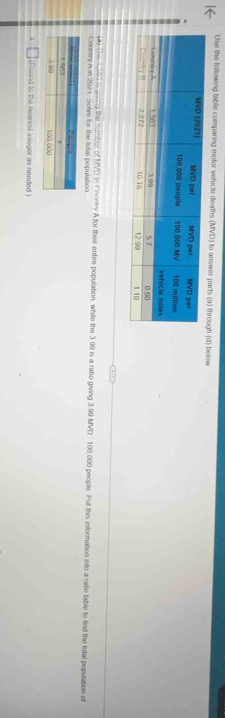 use the following table comparing motor vehicle deaths (mvd) to answer …