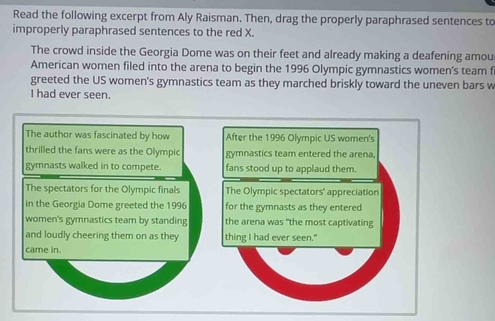 read the following excerpt from aly raisman. then, drag the properly pa…