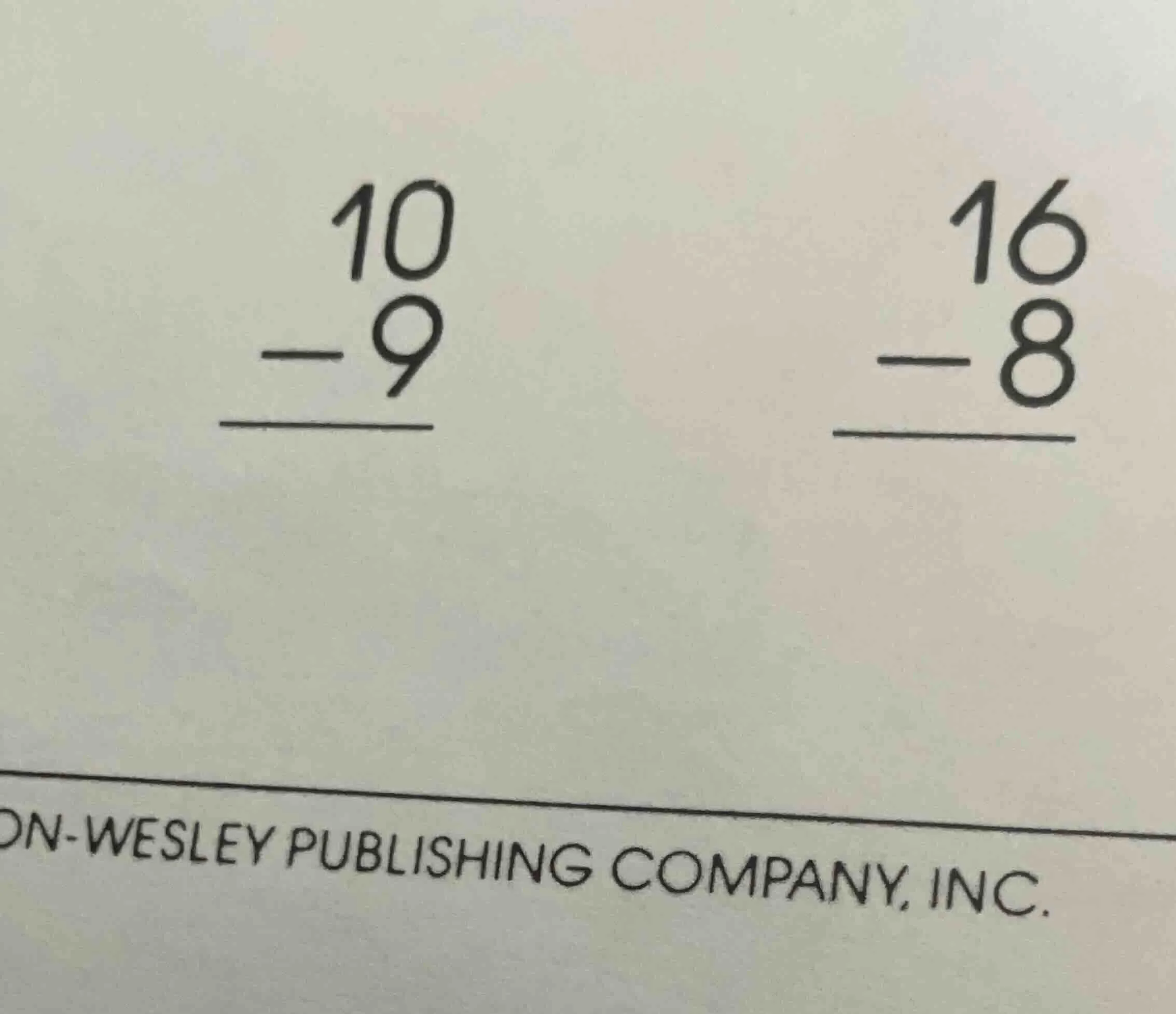 10 - 9 (vertical subtraction) and 16 - 8 (vertical subtraction)