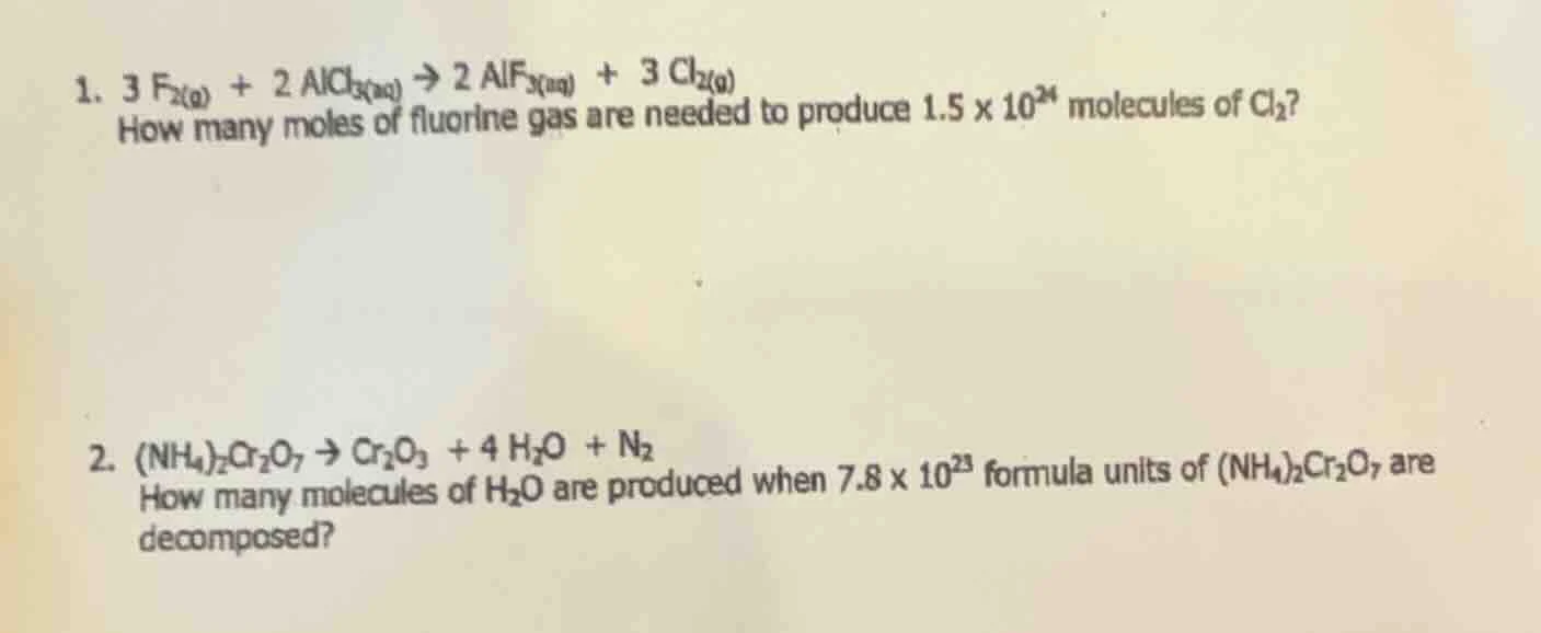 1. $3 f_{2(g)} + 2 alcl_{3(aq)} \ ightarrow 2 alf_{3(aq)} + 3 cl_{2(g)}…