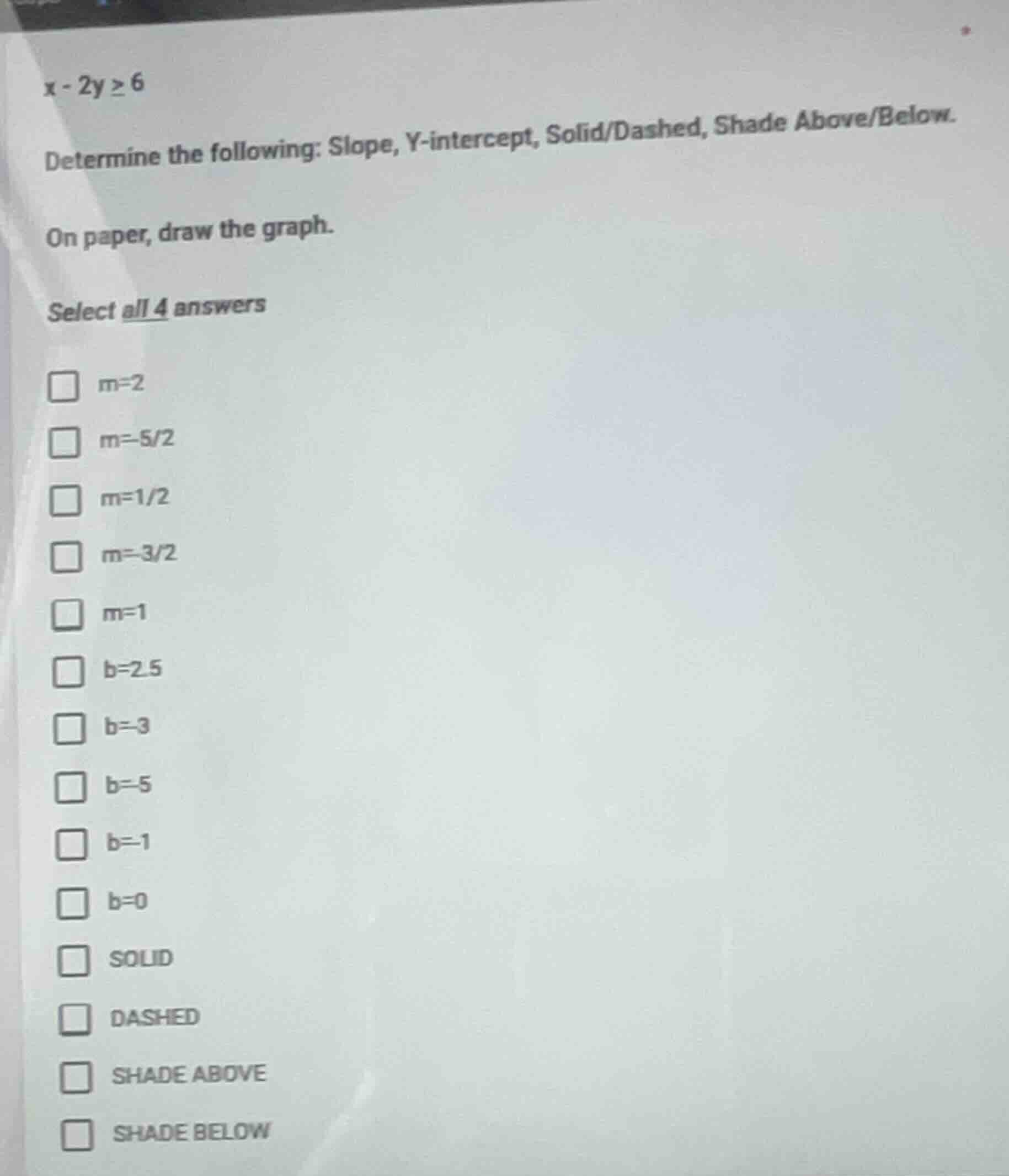 x - 2y ≥ 6 determine the following: slope, y - intercept, solid/dashed,…