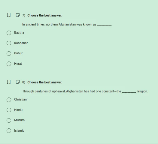 7) choose the best answer. in ancient times, northern afghanistan was k…