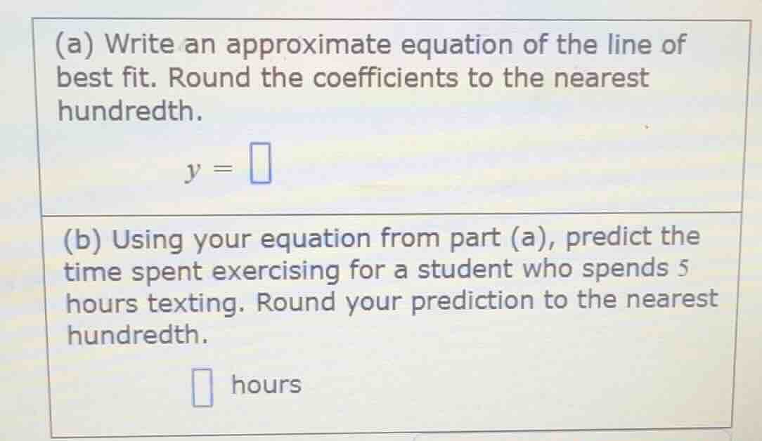 (a) write an approximate equation of the line of best fit. round the co…