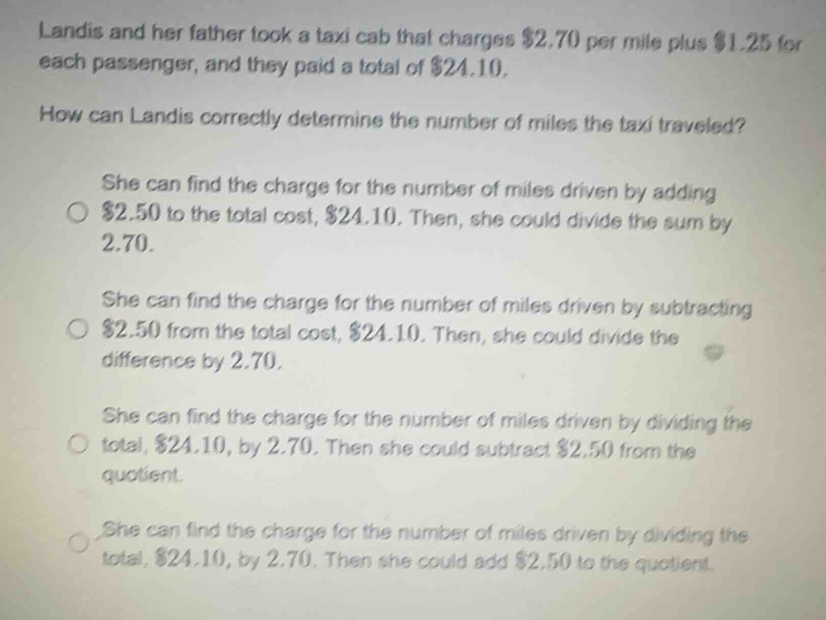 landis and her father took a taxi cab that charges $2.70 per mile plus …