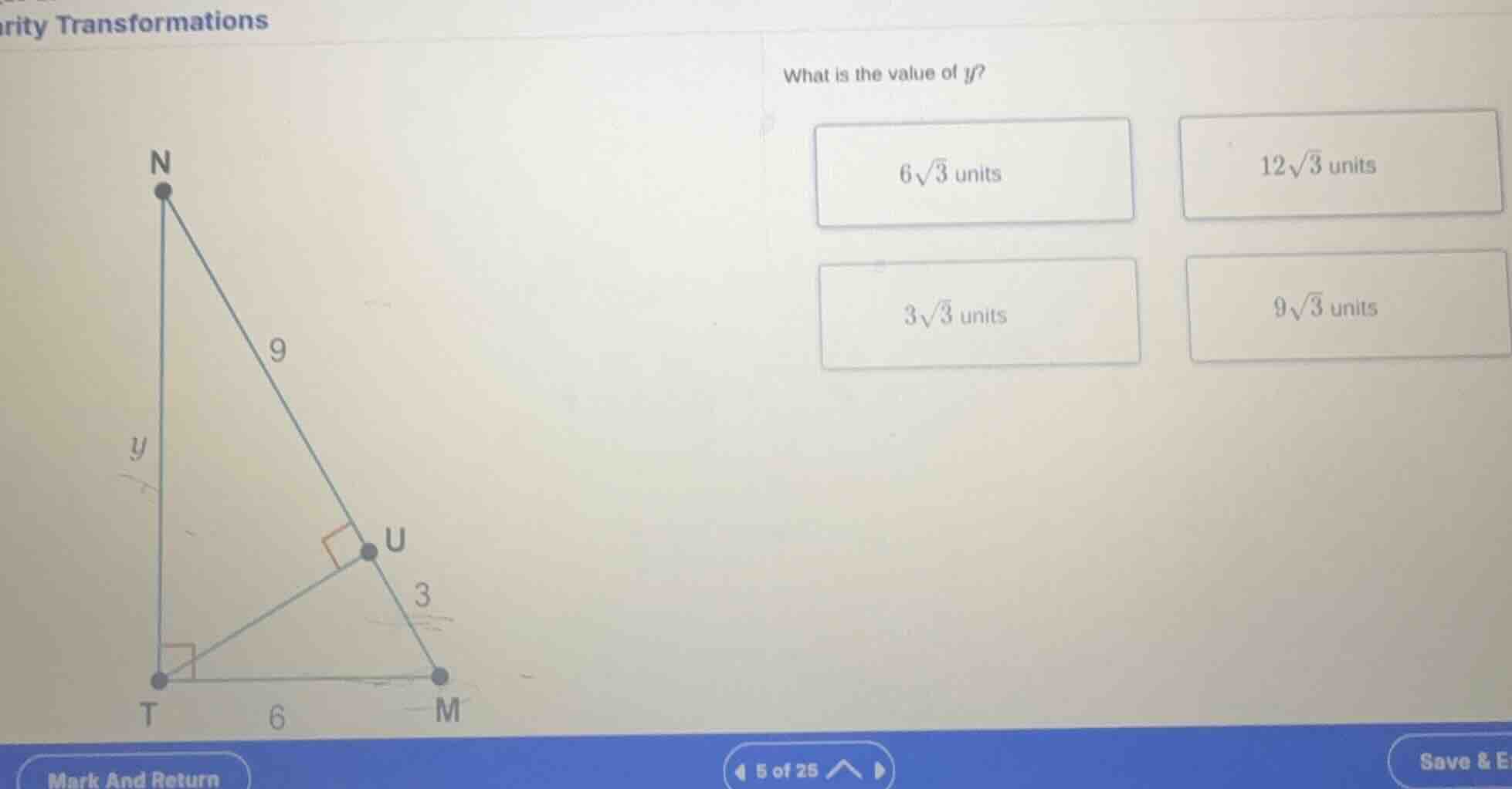 what is the value of y? 6√3 units 12√3 units 3√3 units 9√3 units