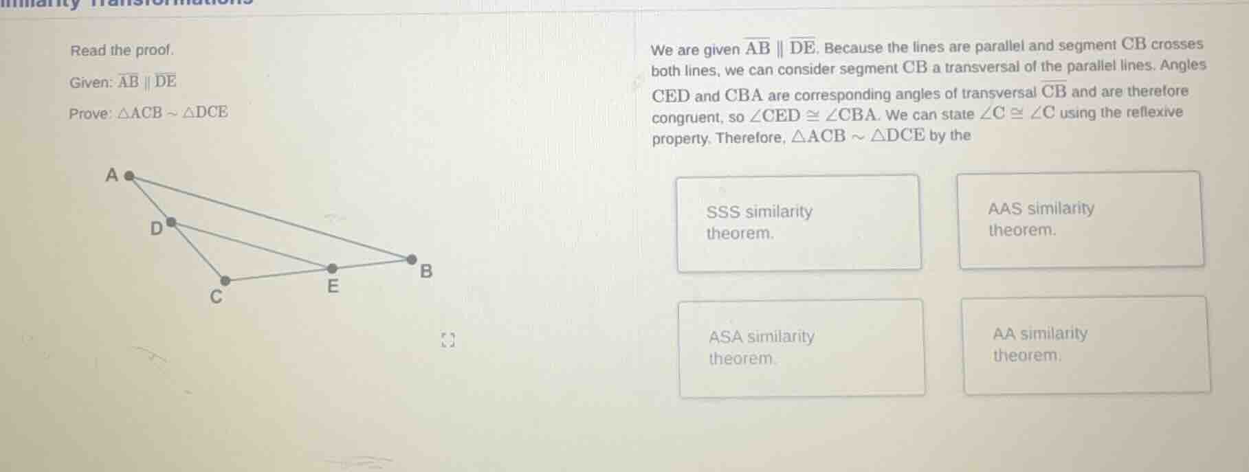 read the proof. given: \\(\\overline{ab} \\parallel \\overline{de}\\) p…
