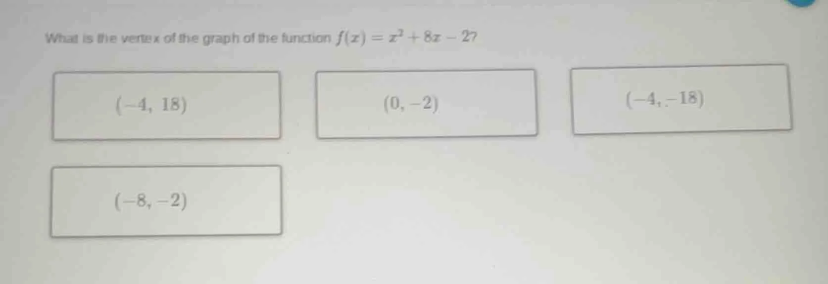 what is the vertex of the graph of the function $f(x)=x^{2}+8x - 27$ $(…