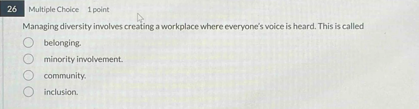 26 multiple choice 1 point managing diversity involves creating a workp…